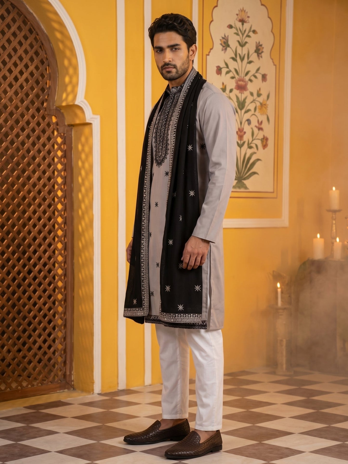 Embroidered Silk Blend Kurta Pyjama and Dupatta Set for Men ( JOKP P D 5077Grey )
