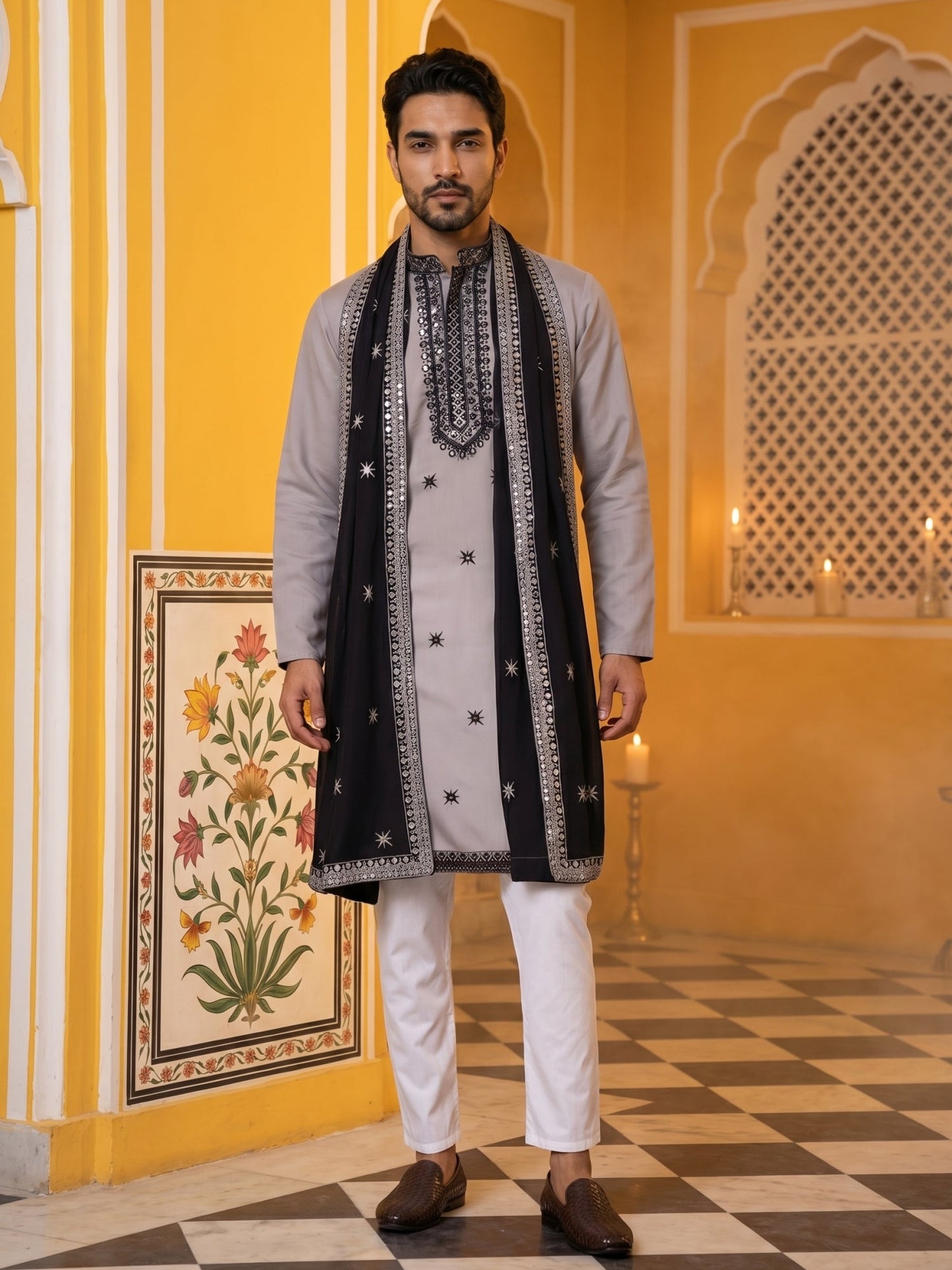 Embroidered Silk Blend Kurta Pyjama and Dupatta Set for Men ( JOKP P D 5077Grey )