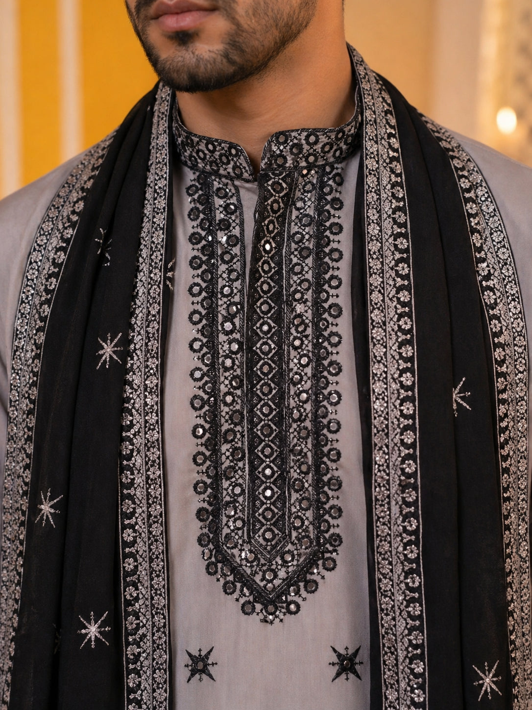 Embroidered Silk Blend Kurta Pyjama and Dupatta Set for Men ( JOKP P D 5077Grey )