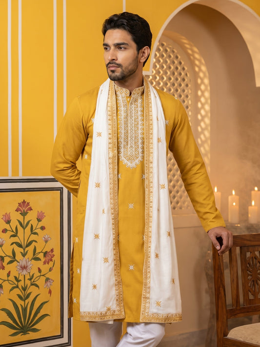 Embroidered Silk Blend Kurta Pyjama and Dupatta Set for Men ( JOKP P D 5077Mustard )