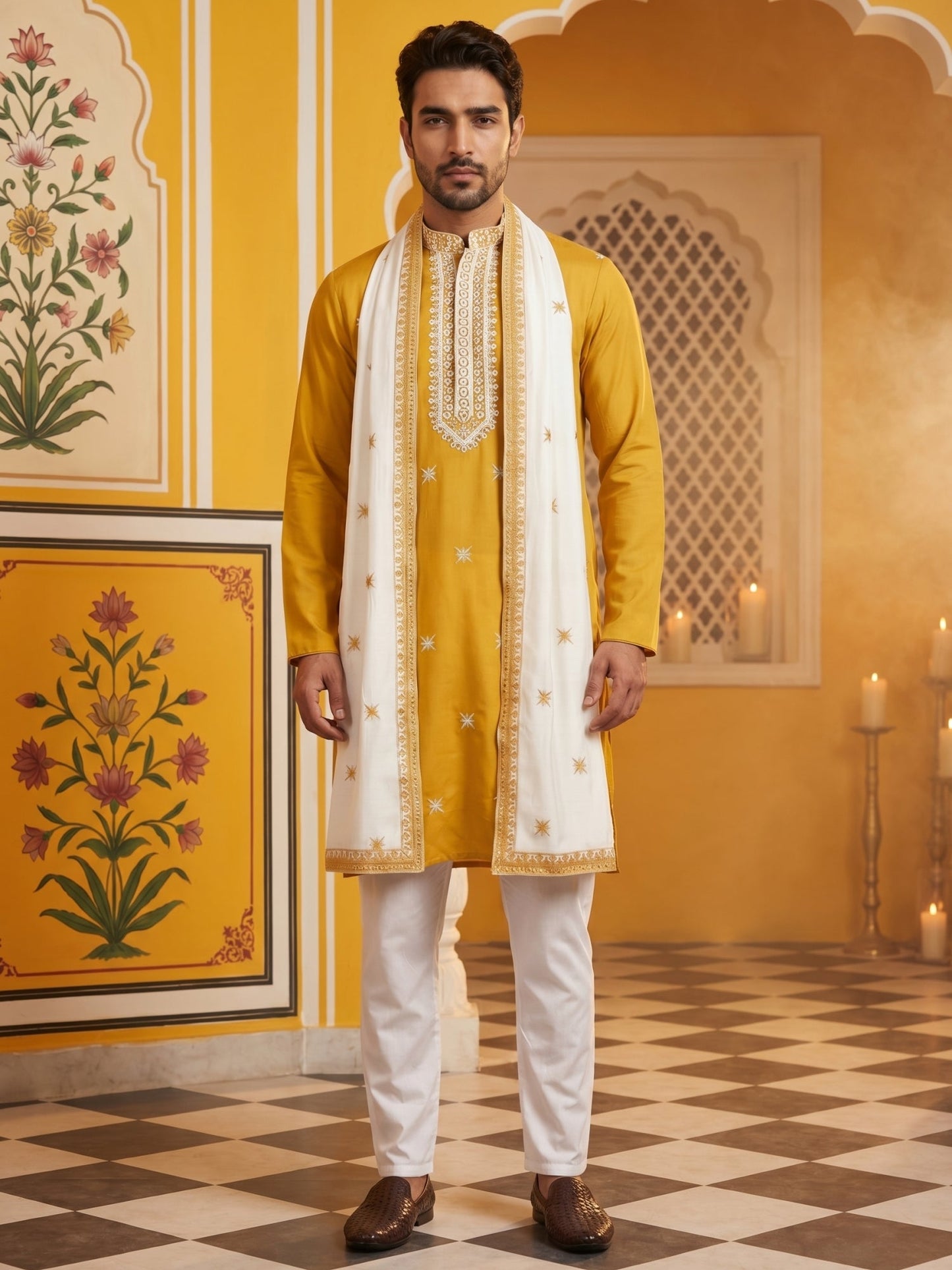 Embroidered Silk Blend Kurta Pyjama and Dupatta Set for Men ( JOKP P D 5077Mustard )