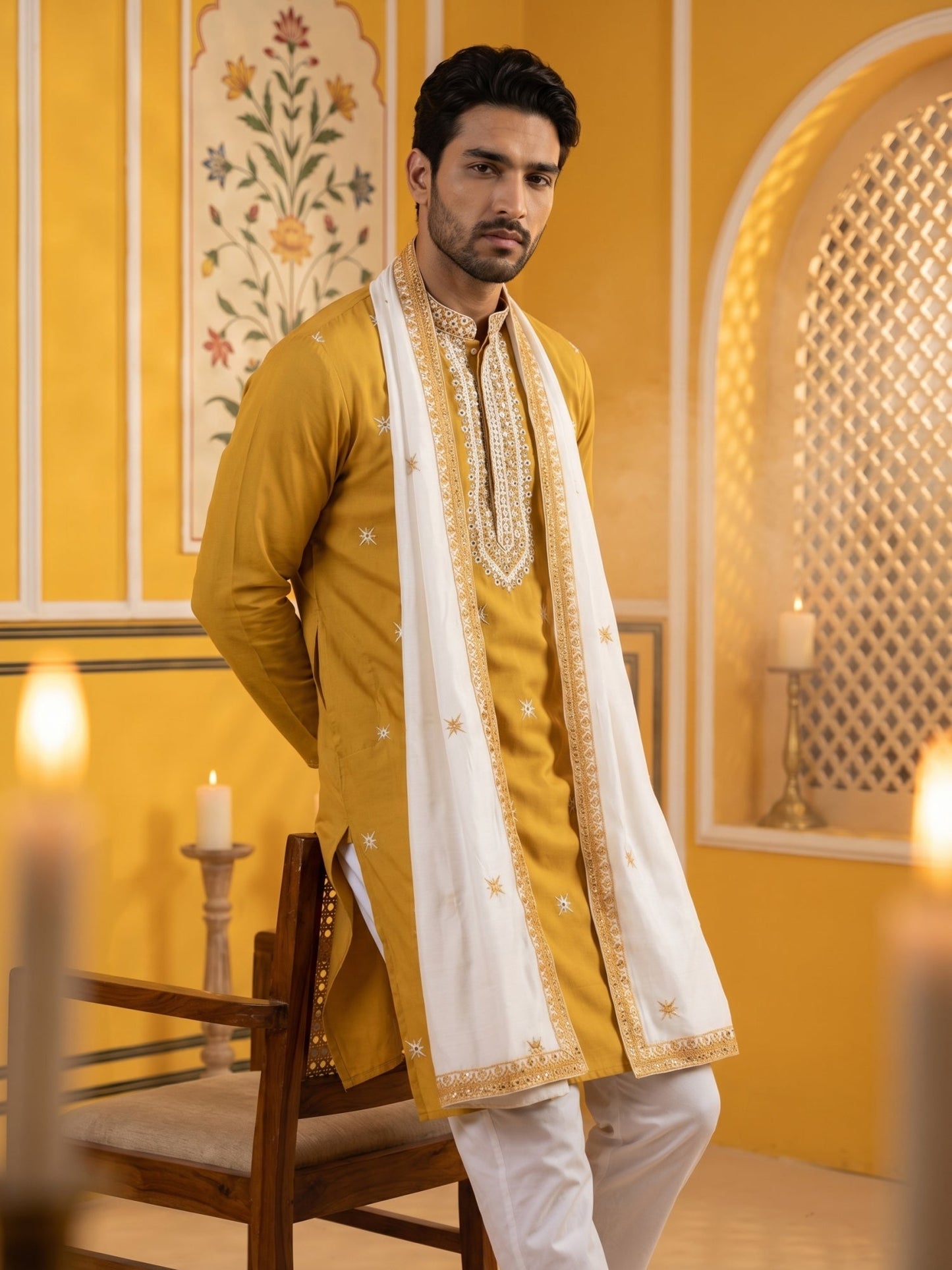 Embroidered Silk Blend Kurta Pyjama and Dupatta Set for Men ( JOKP P D 5077Mustard )
