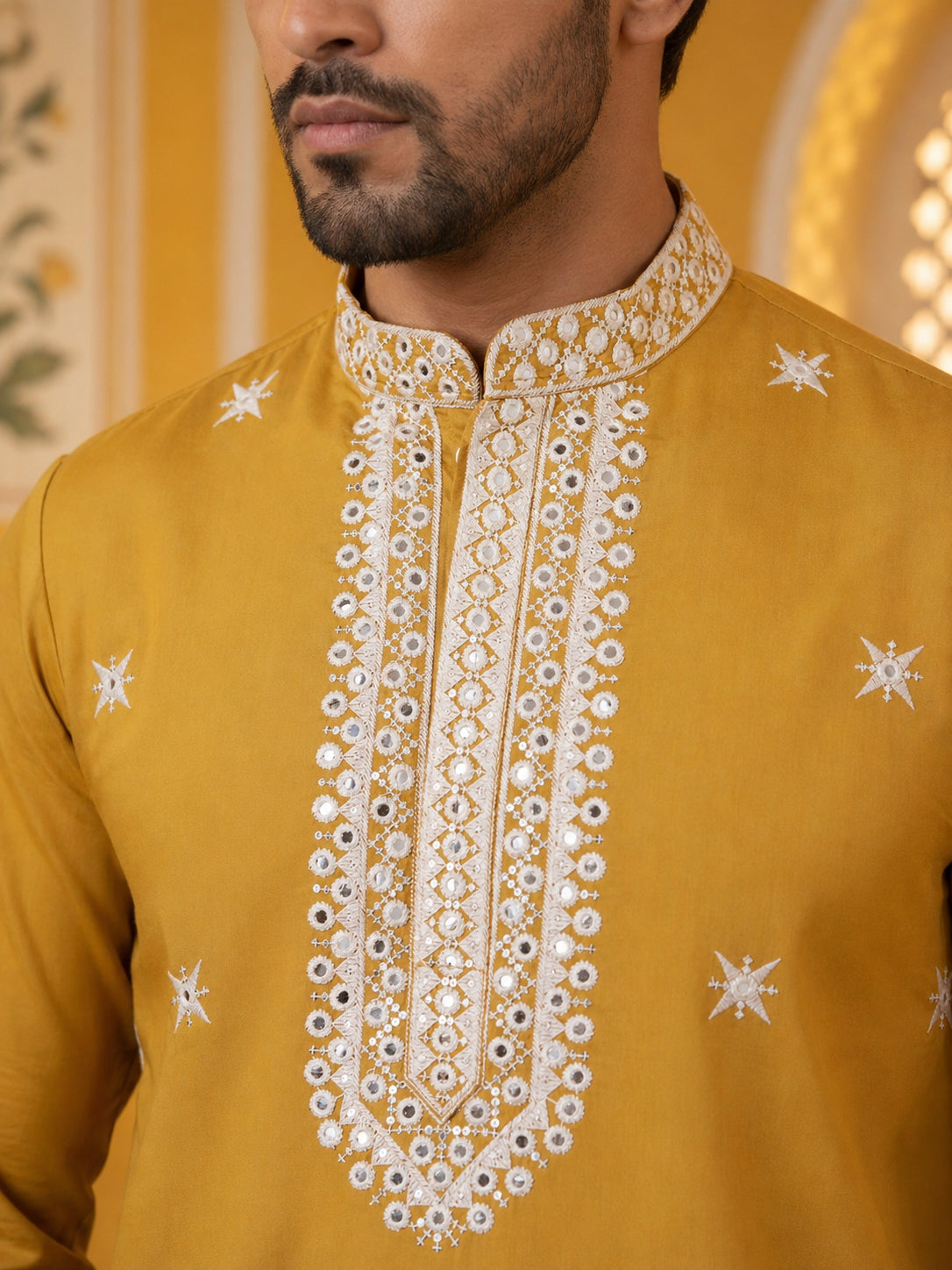 Embroidered Silk Blend Kurta Pyjama and Dupatta Set for Men ( JOKP P D 5077Mustard )
