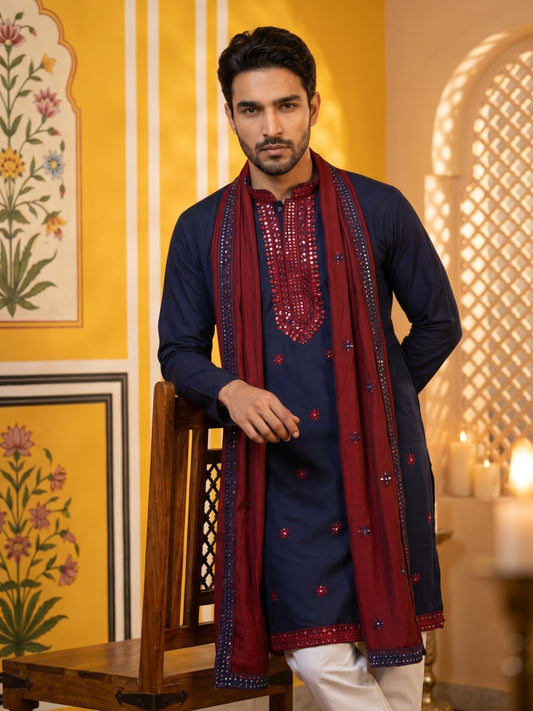 Embroidered Silk Blend Kurta Pyjama and Dupatta Set for Men ( JOKP P D 5077Navy )