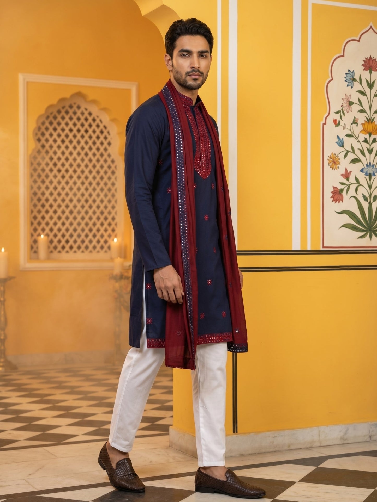Embroidered Silk Blend Kurta Pyjama and Dupatta Set for Men ( JOKP P D 5077Navy )