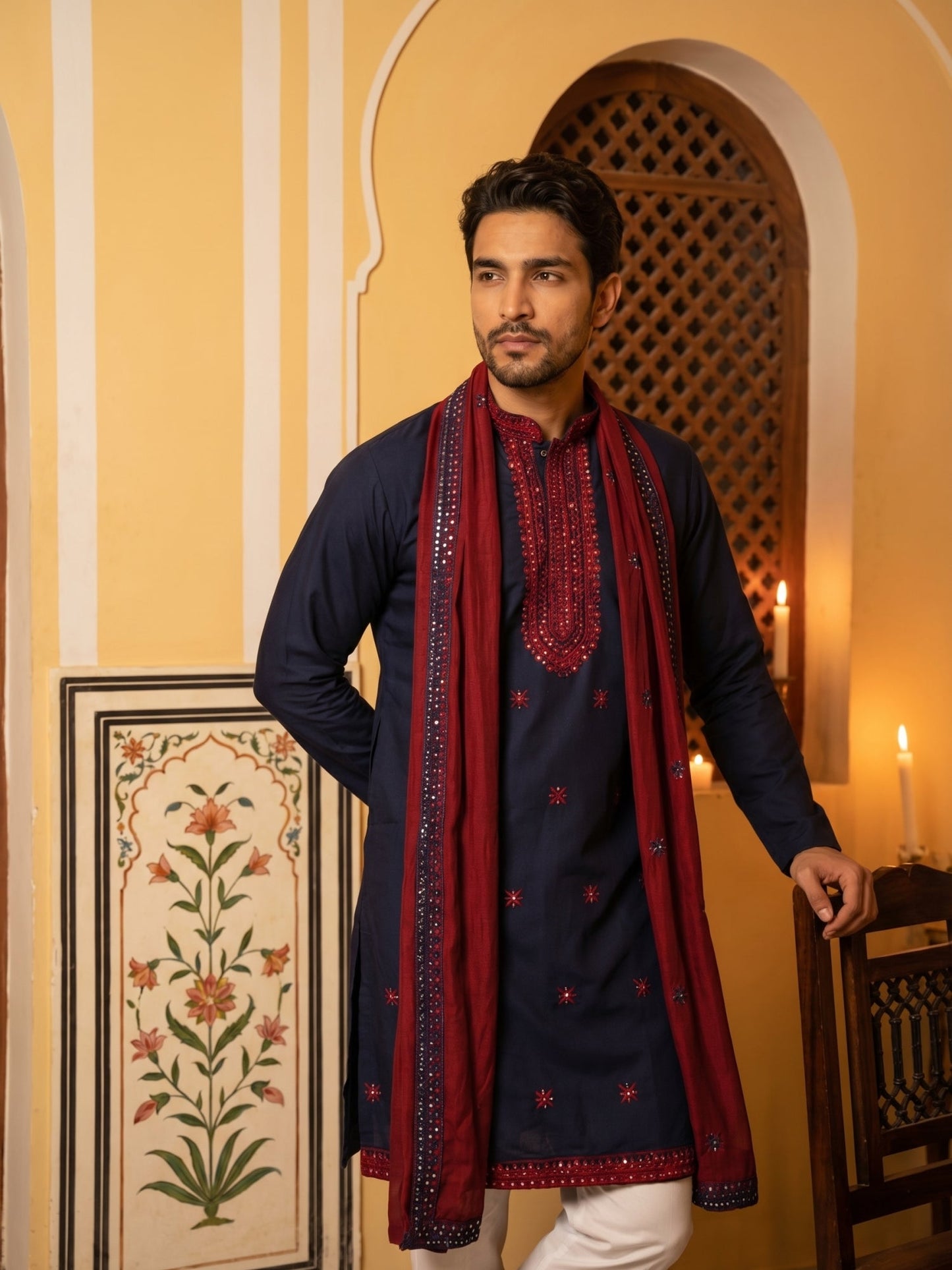 Embroidered Silk Blend Kurta Pyjama and Dupatta Set for Men ( JOKP P D 5077Navy )
