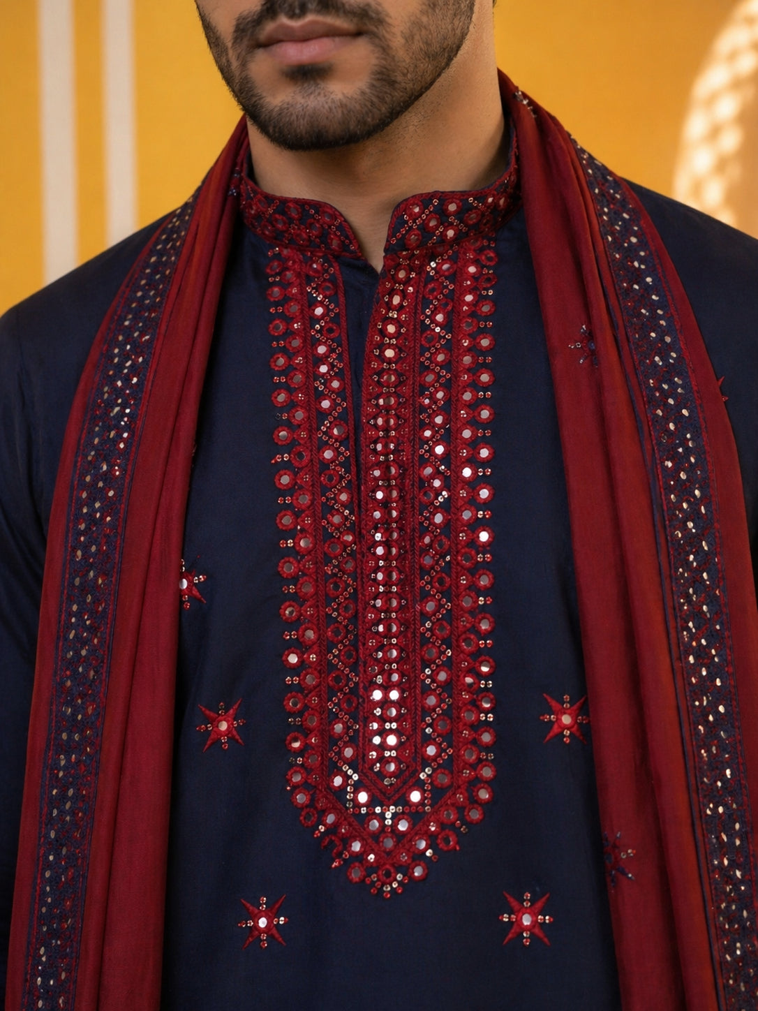 Embroidered Silk Blend Kurta Pyjama and Dupatta Set for Men ( JOKP P D 5077Navy )