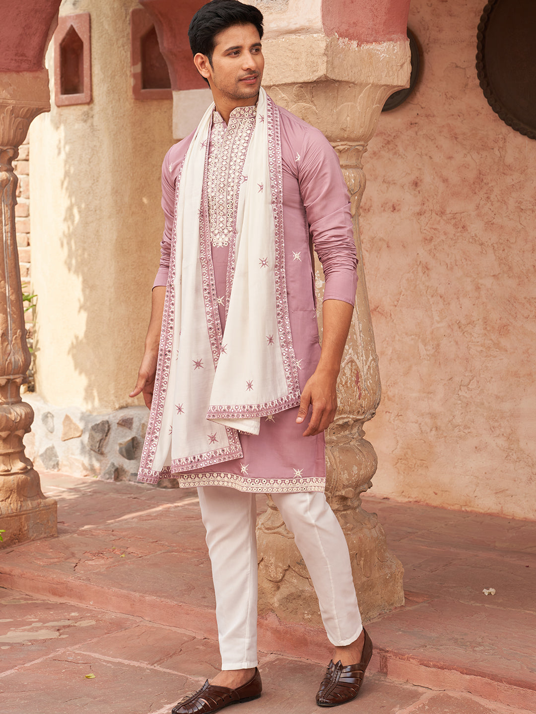 Embroidered Silk Blend Kurta Pyjama and Dupatta Set for Men (JOKP D 5077 Purple ) [FF] [N-13-15]