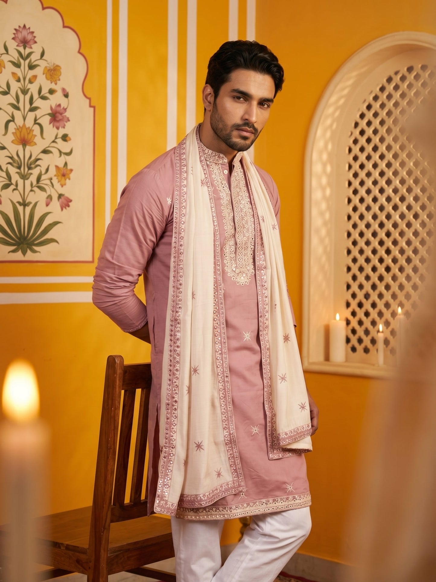 Embroidered Silk Blend Kurta Pyjama and Dupatta Set for Men ( JOKP P D 5077Purple )