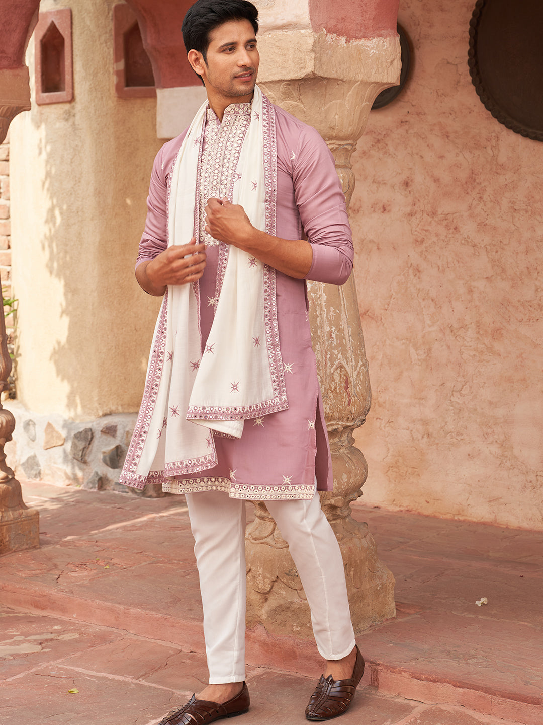 Embroidered Silk Blend Kurta Pyjama and Dupatta Set for Men (JOKP D 5077 Purple ) [FF] [N-13-15]