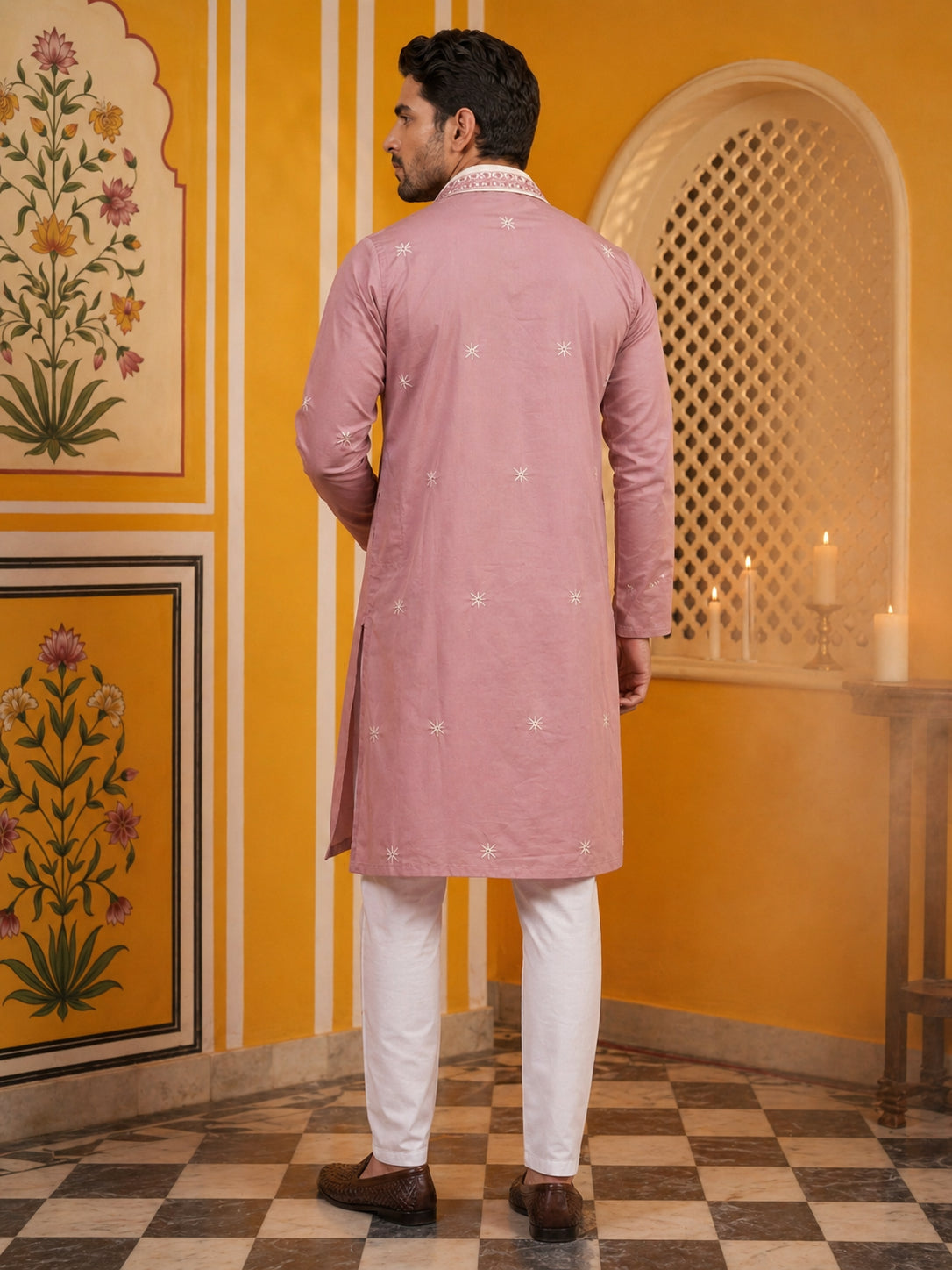 Embroidered Silk Blend Kurta Pyjama and Dupatta Set for Men ( JOKP P D 5077Purple )