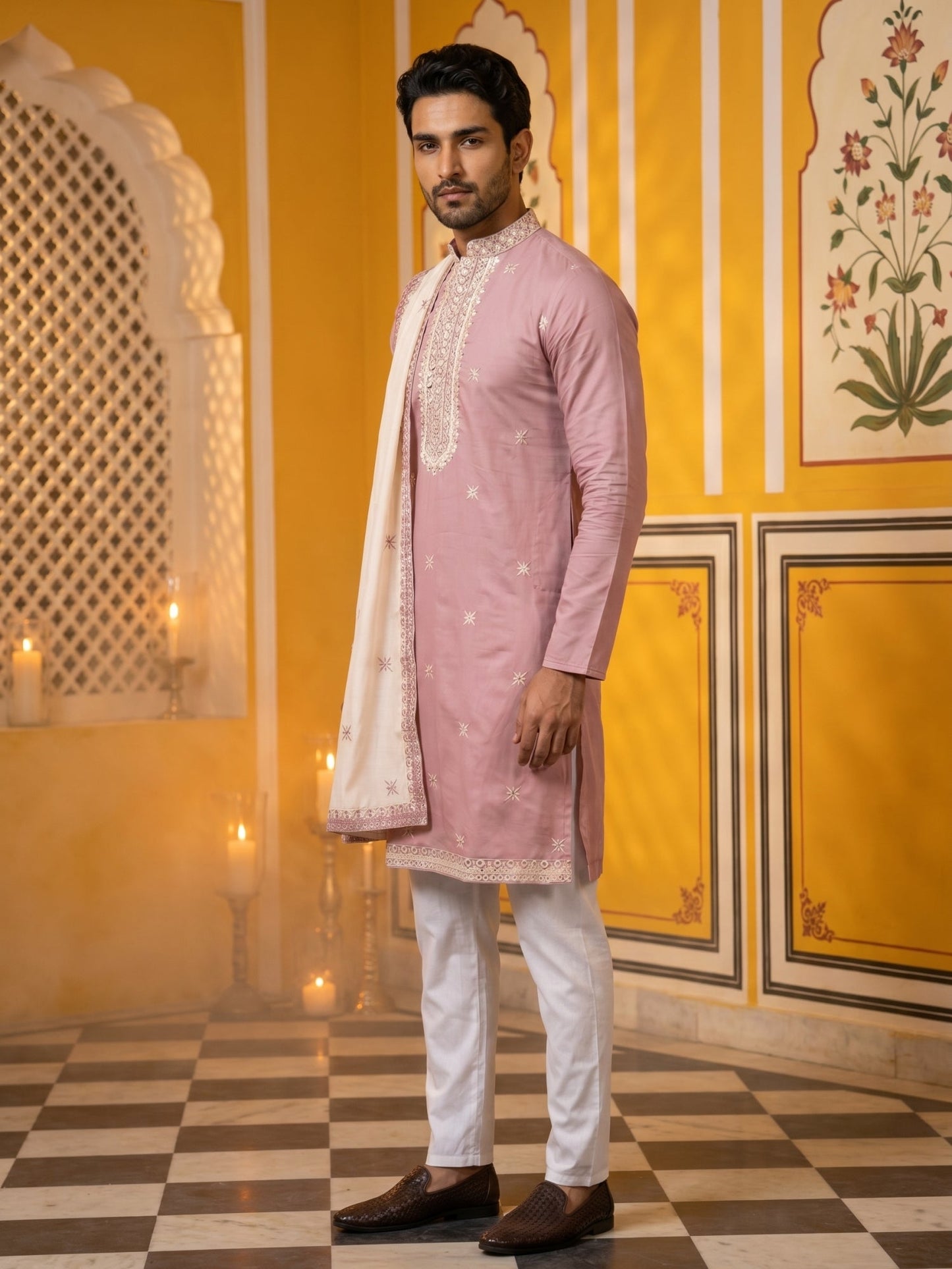 Embroidered Silk Blend Kurta Pyjama and Dupatta Set for Men ( JOKP P D 5077Purple )