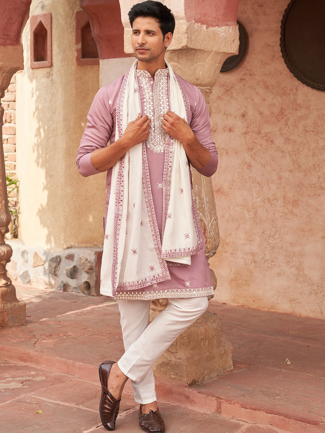 Embroidered Silk Blend Kurta Pyjama and Dupatta Set for Men (JOKP D 5077 Purple ) [FF] [N-13-15]