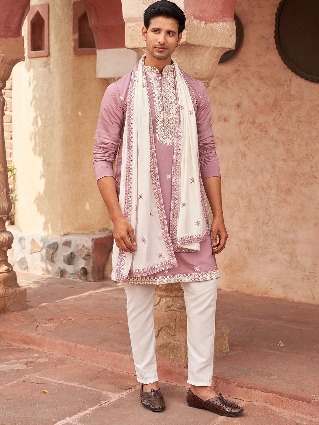 Embroidered Silk Blend Kurta Pyjama and Dupatta Set for Men (JOKP D 5077 Purple ) [FF] [N-13-15]