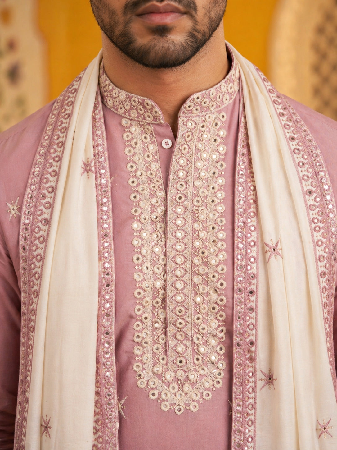 Embroidered Silk Blend Kurta Pyjama and Dupatta Set for Men ( JOKP P D 5077Purple )