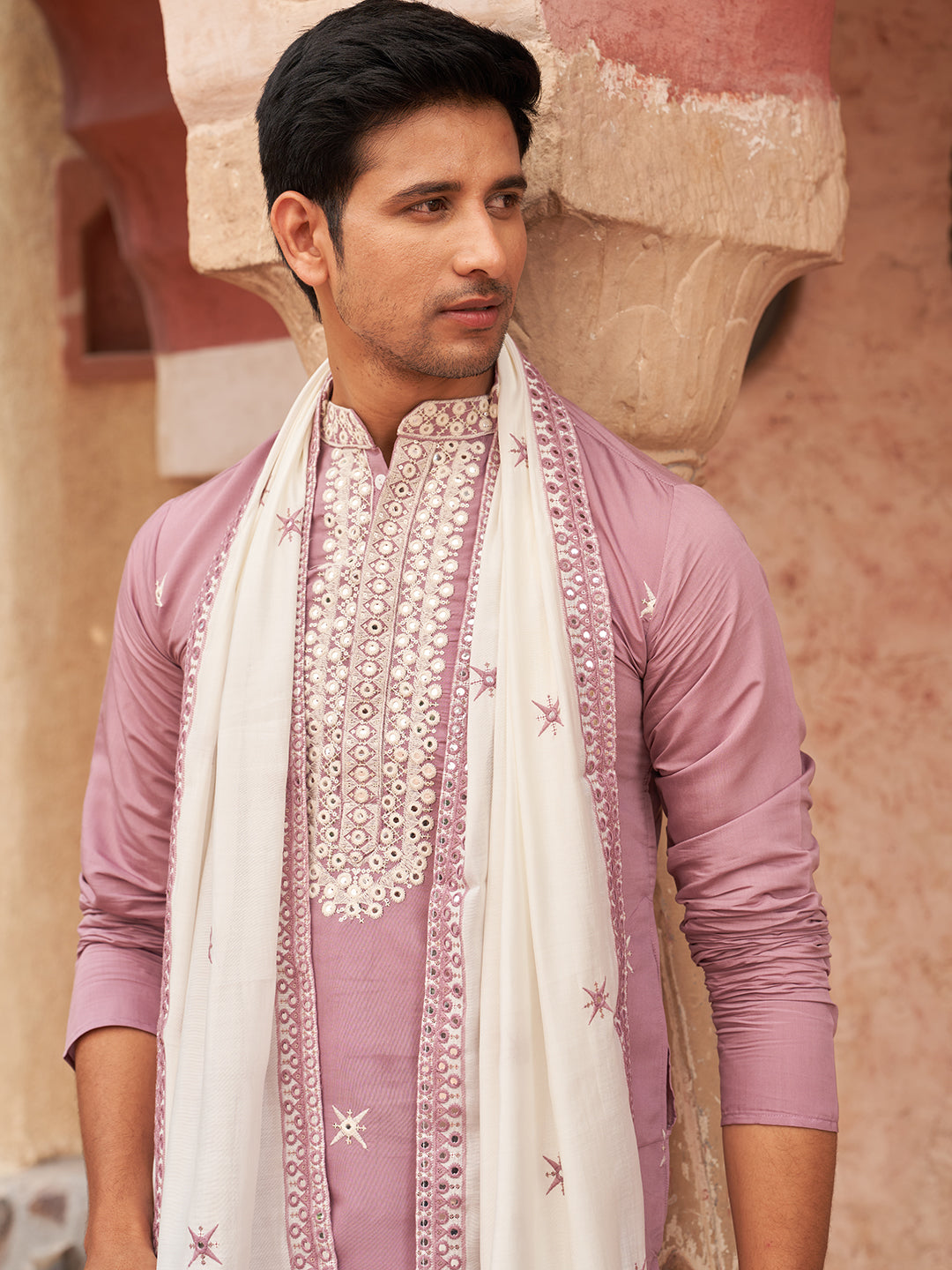Embroidered Silk Blend Kurta Pyjama and Dupatta Set for Men (JOKP D 5077 Purple ) [FF] [N-13-15]