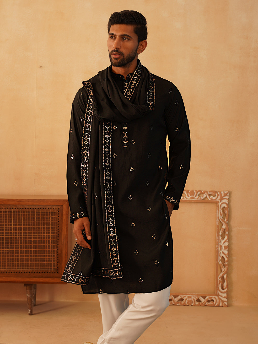 Embroidered Kurta with Dupatta Set for Men ( KOD 5088 black )