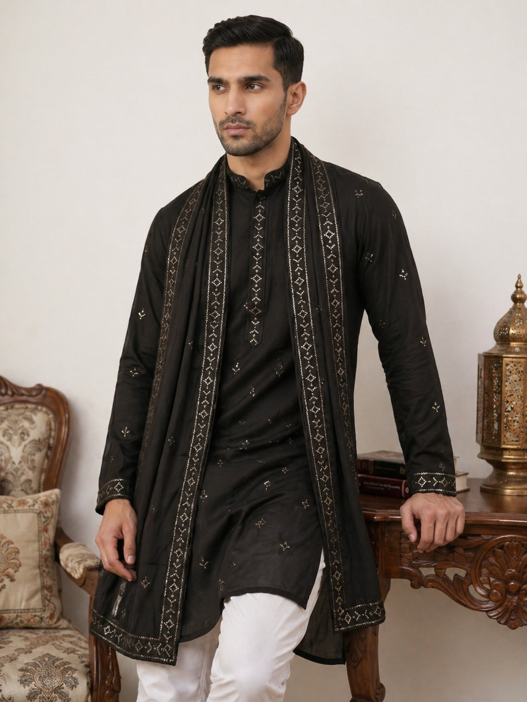 Silk Blend Embroidered Kurta Pyjama with Dupatta ( JOKP P D 5088Black )