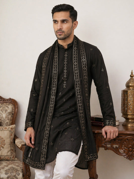 Silk Blend Embroidered Kurta Pyjama with Dupatta ( JOKP P D 5088Black )