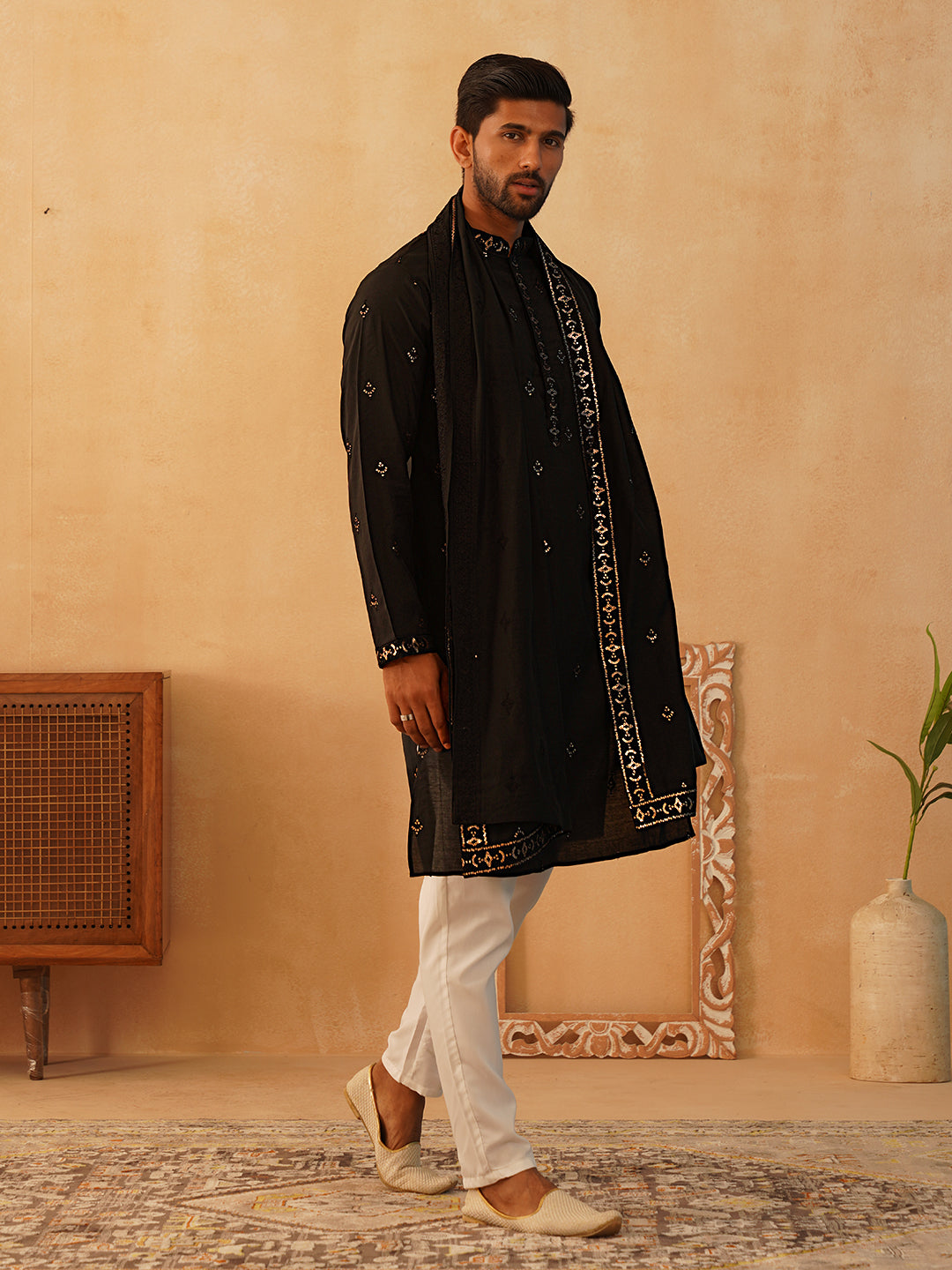 Embroidered Kurta with Dupatta Set for Men ( KOD 5088 black )