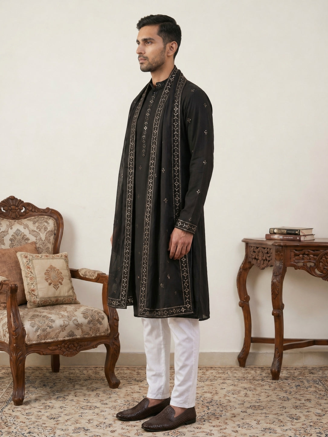 Silk Blend Embroidered Kurta Pyjama with Dupatta ( JOKP P D 5088Black )
