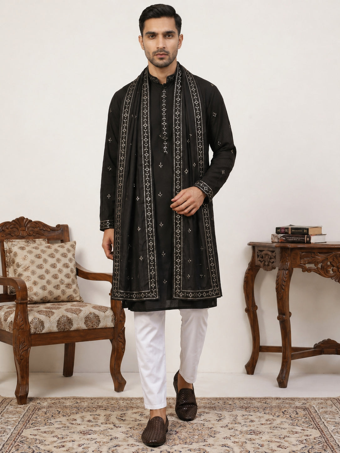 Silk Blend Embroidered Kurta Pyjama with Dupatta ( JOKP P D 5088Black )