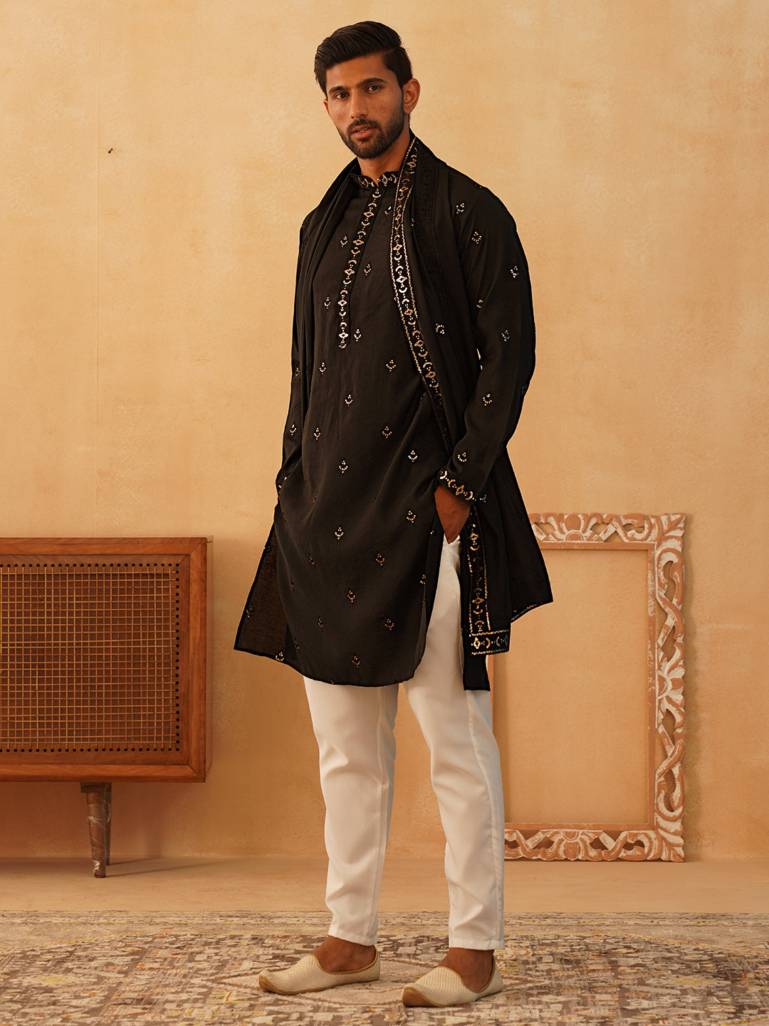 Embroidered Kurta with Dupatta Set for Men ( KOD 5088 black )