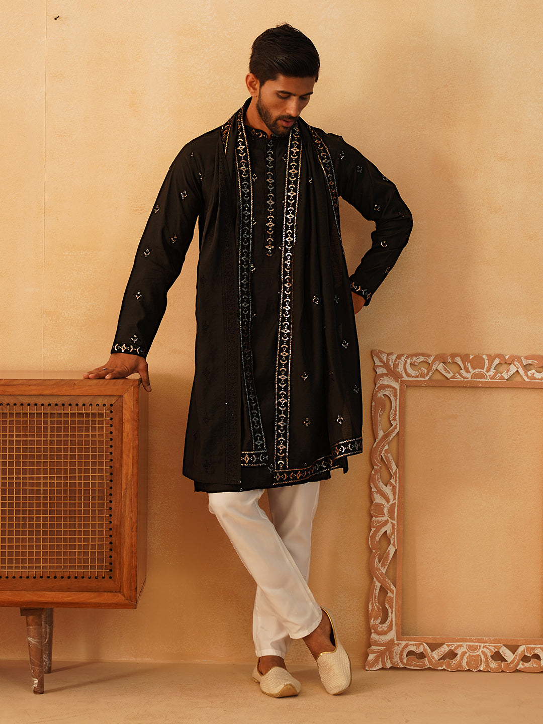 Embroidered Kurta with Dupatta Set for Men ( KOD 5088 black )