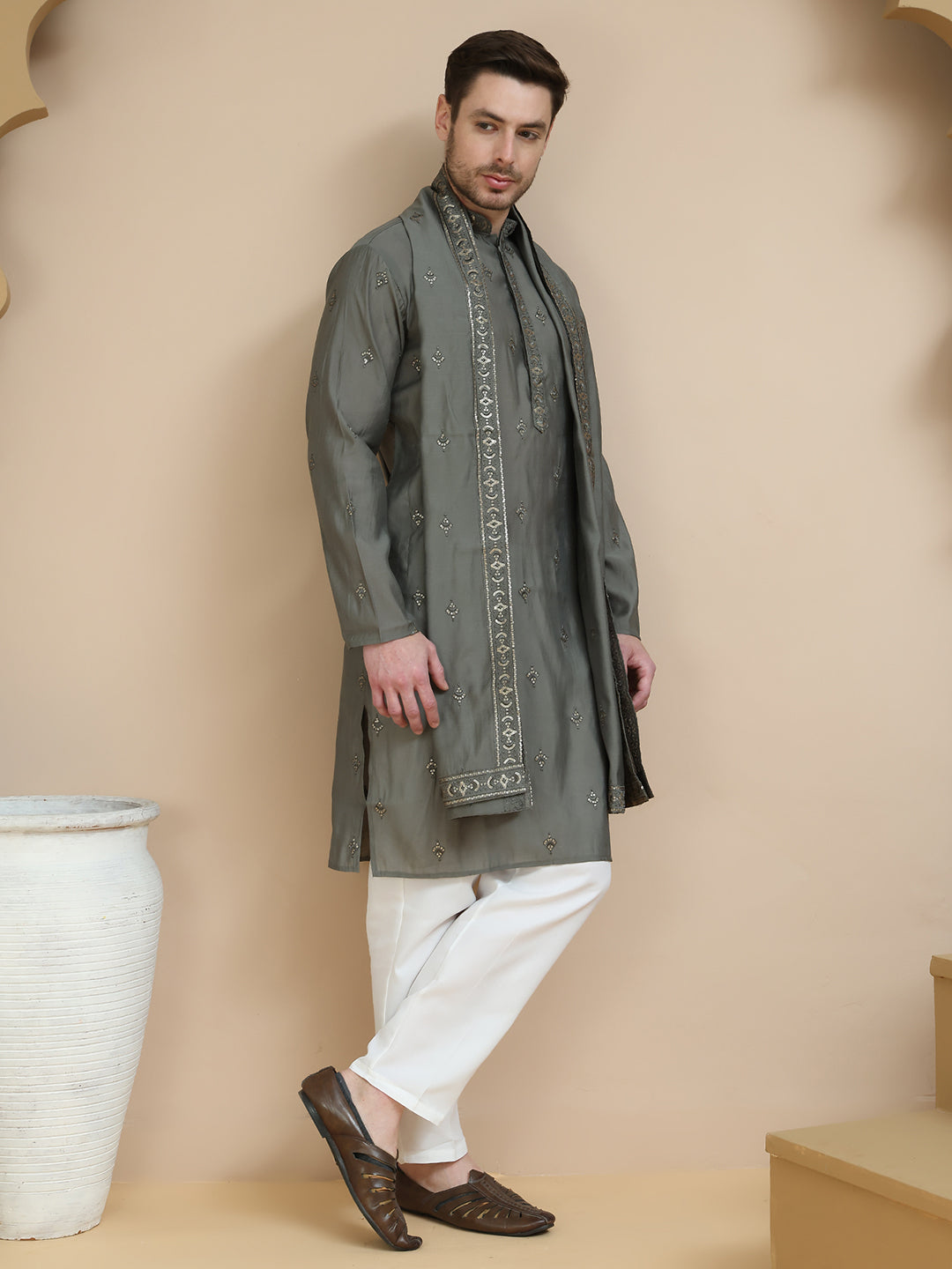 Embroidered & Sequin Kurta Pyjama With Dupatta ( JOKP D 5088 Grey ) [FF] [F1-2 & M-3-4]