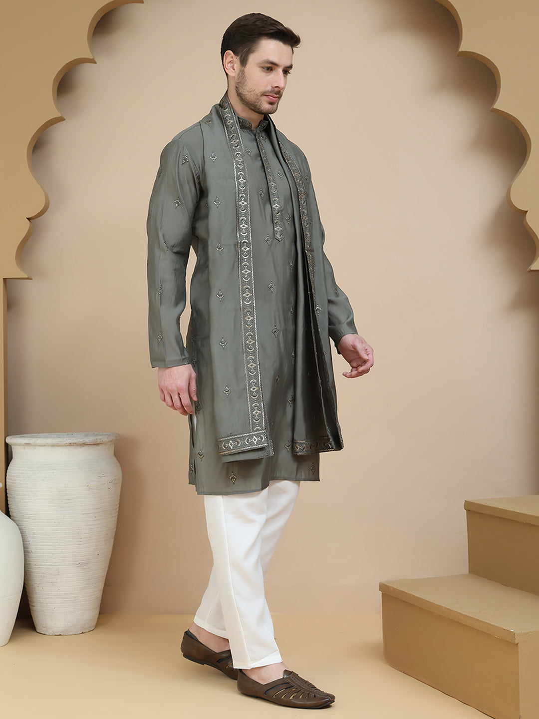 Embroidered & Sequin Kurta Pyjama With Dupatta ( JOKP D 5088 Grey ) [FF] [F1-2 & M-3-4]