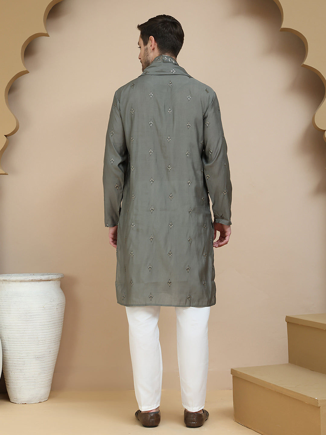 Embroidered & Sequin Kurta Pyjama With Dupatta ( JOKP D 5088 Grey ) [FF] [F1-2 & M-3-4]