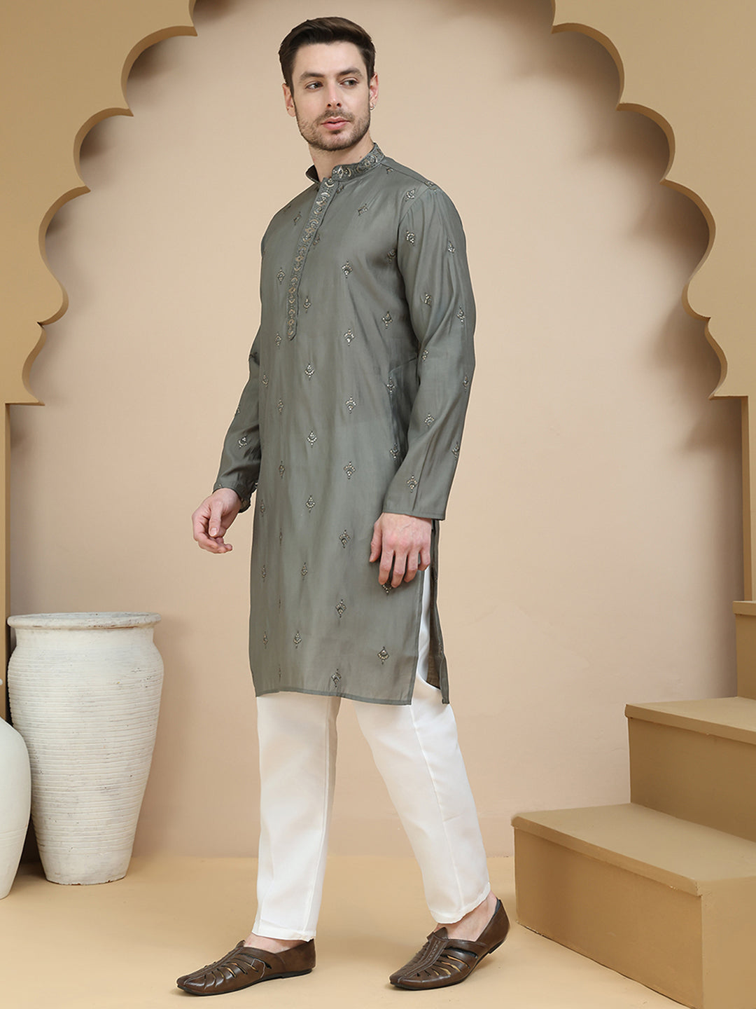 Embroidered & Sequin Kurta With Dupatta ( KOD 5088 grey )