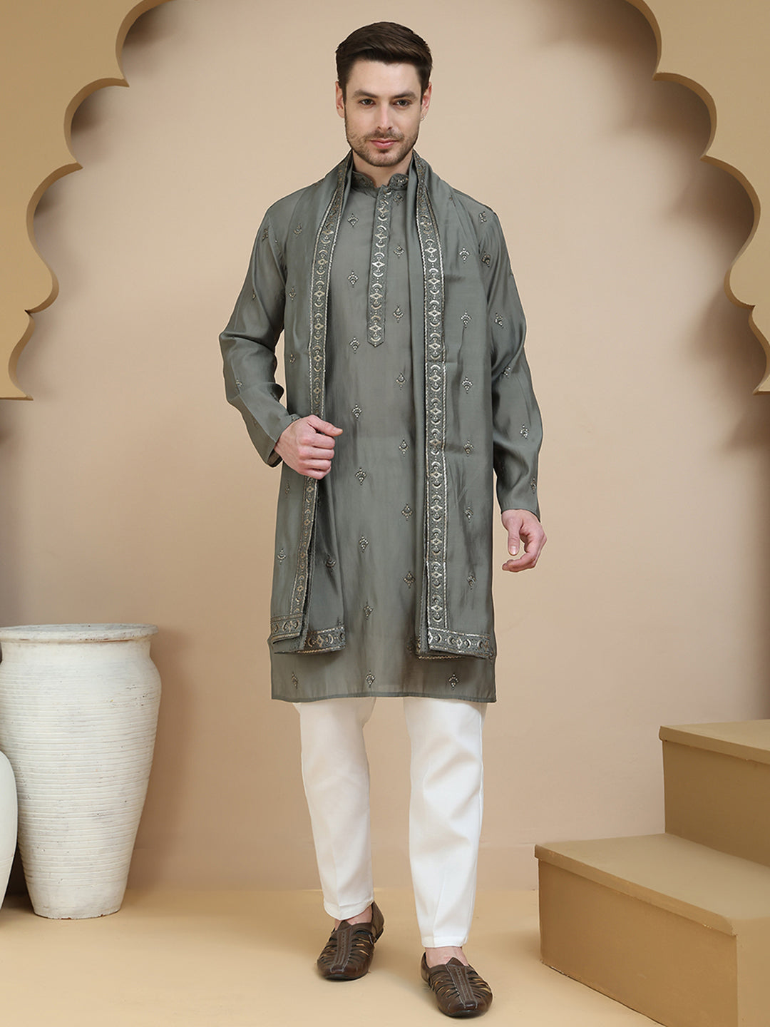 Embroidered & Sequin Kurta Pyjama With Dupatta ( JOKP D 5088 Grey ) [FF] [F1-2 & M-3-4]