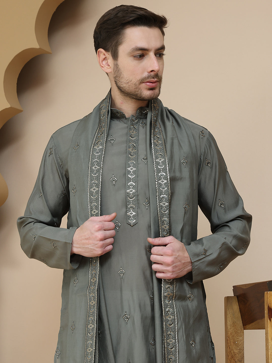 Embroidered & Sequin Kurta Pyjama With Dupatta ( JOKP D 5088 Grey ) [FF] [F1-2 & M-3-4]