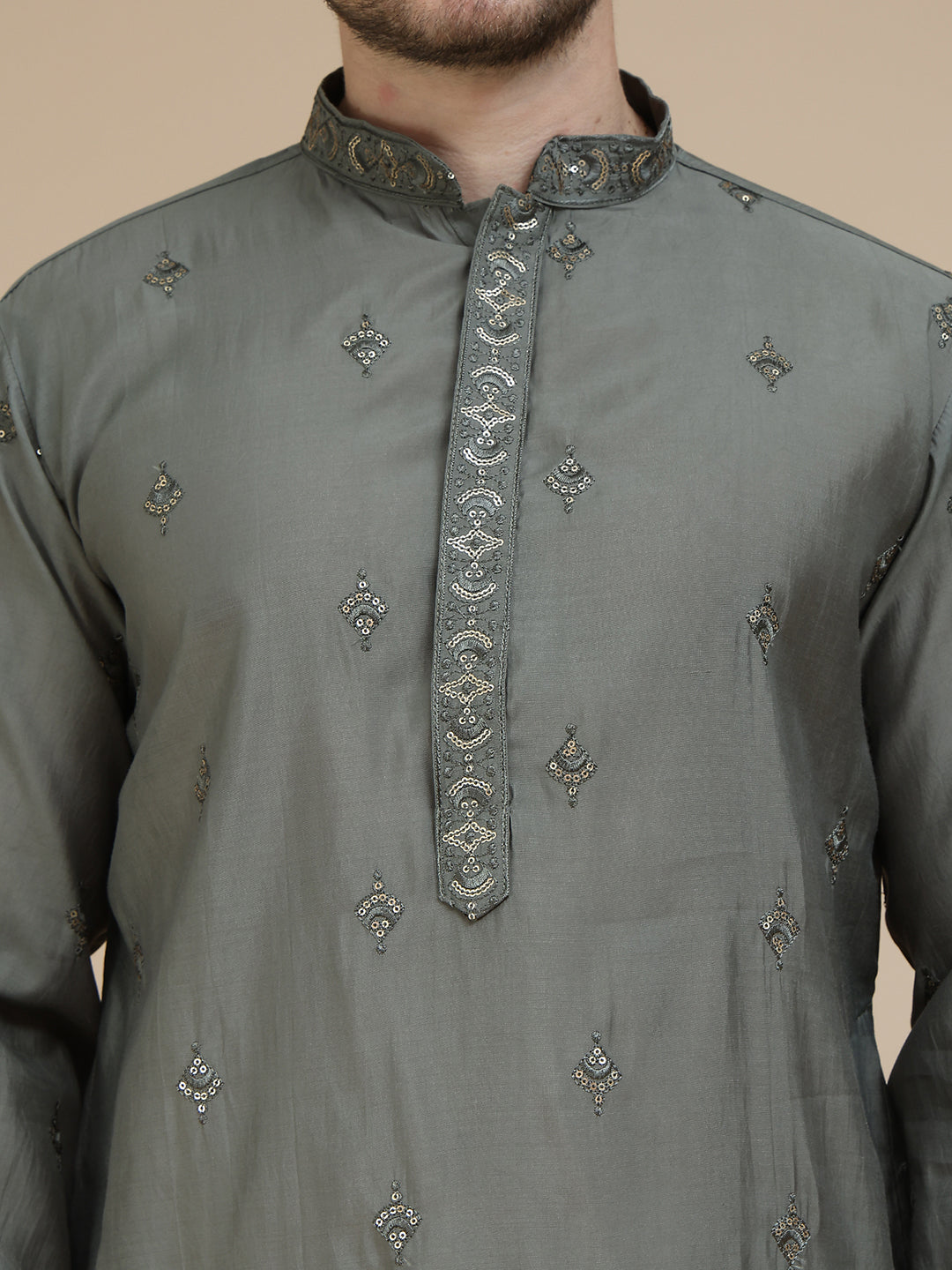 Embroidered & Sequin Kurta With Dupatta ( KOD 5088 grey )