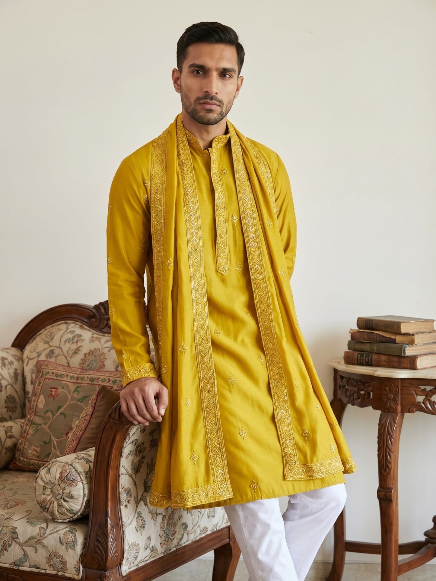Silk Blend Embroidered Kurta Pyjama with Dupatta ( JOKP P D 5088Mustard )