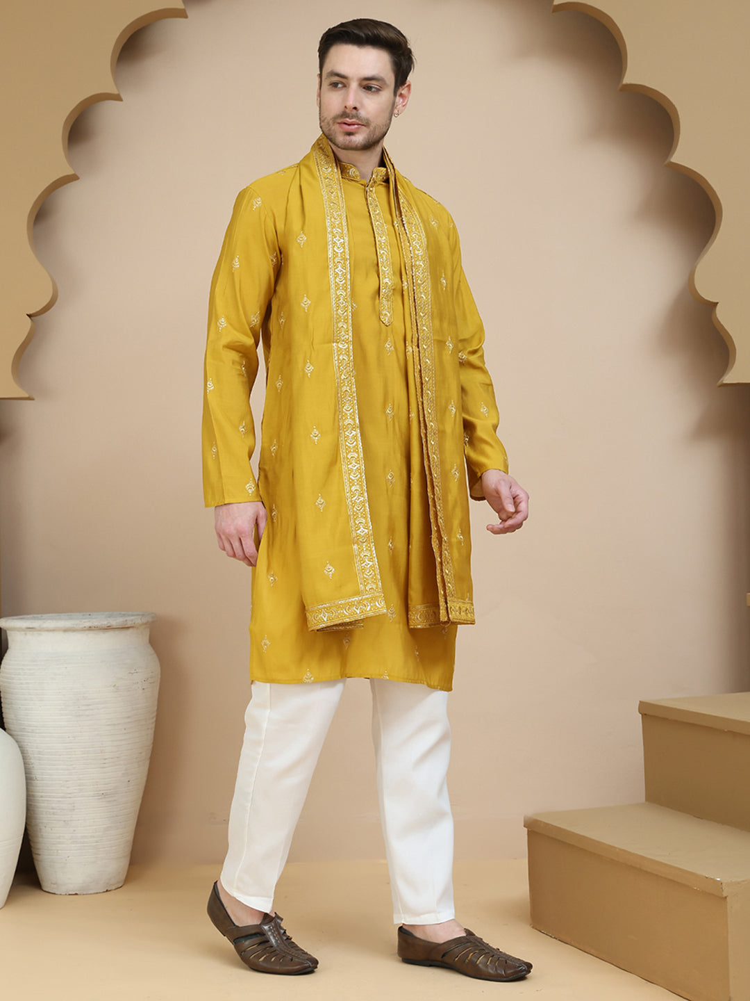 Embroidered & Sequin Kurta Pyjama With Dupatta ( JOKP D 5088 Mustard )