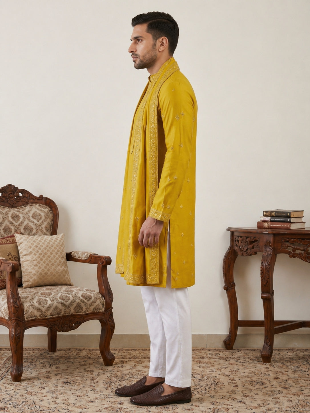 Silk Blend Embroidered Kurta Pyjama with Dupatta ( JOKP P D 5088Mustard )