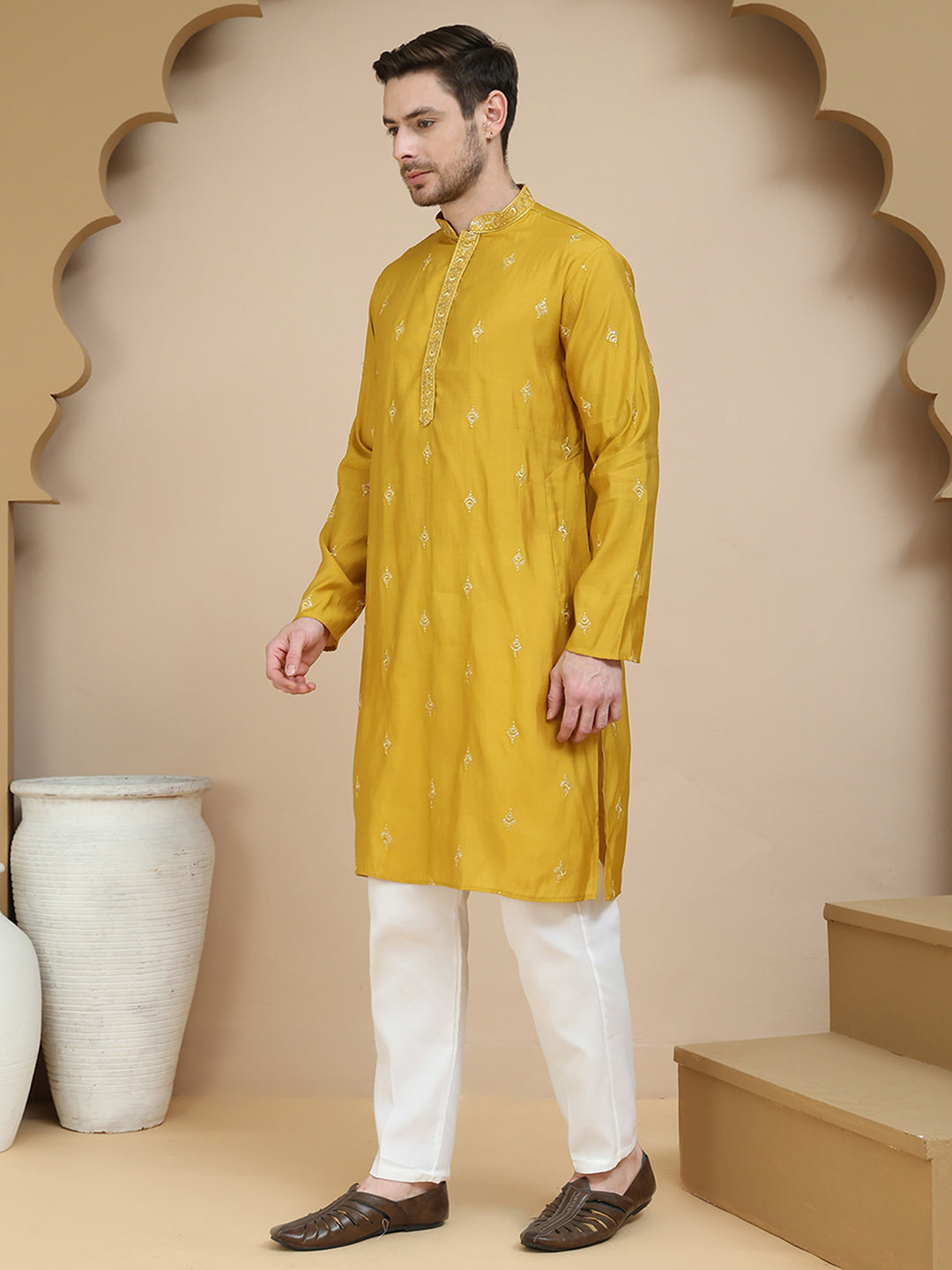 Embroidered & Sequin Kurta With Dupatta ( KOD 5088 mustard )