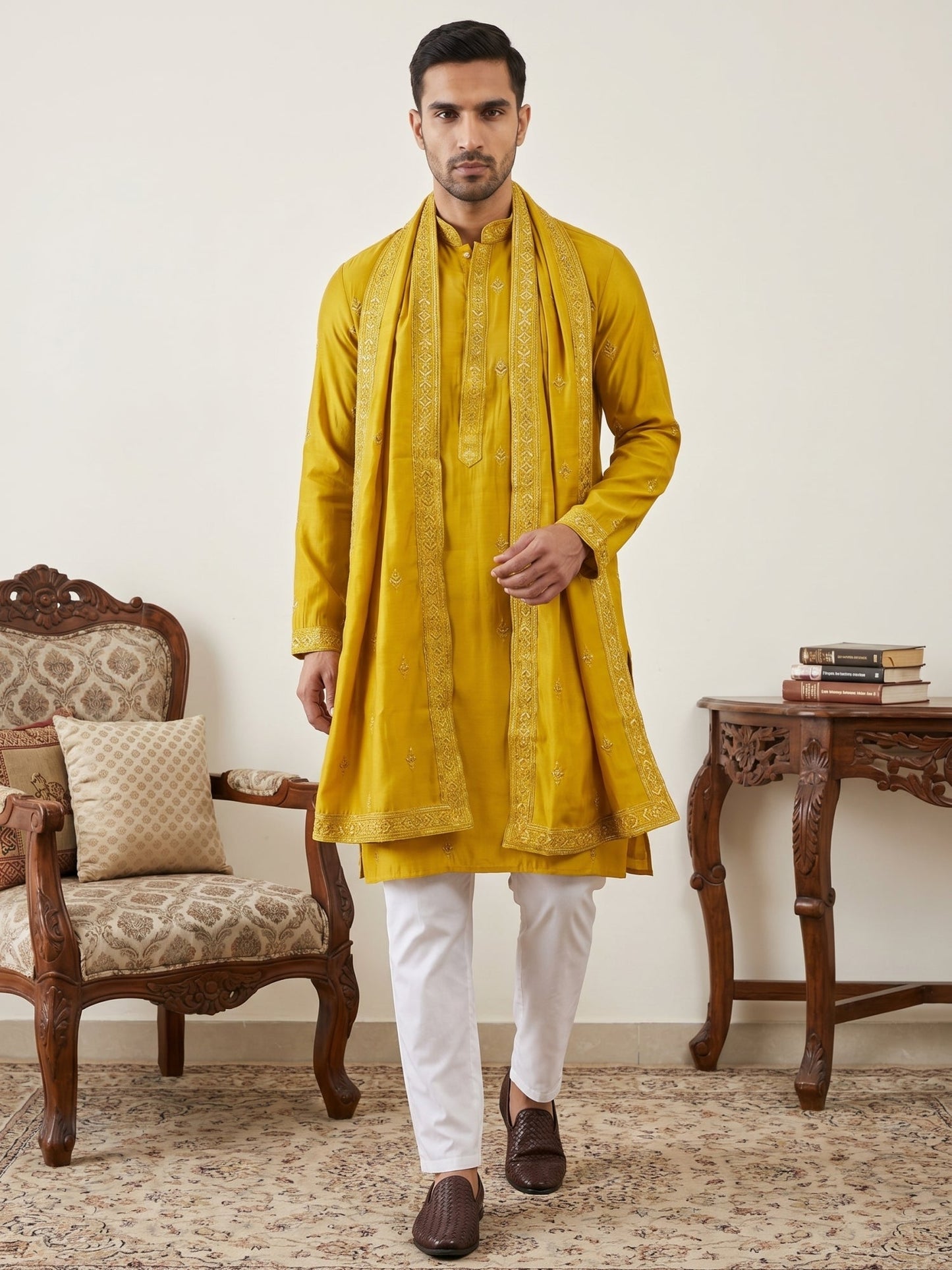 Silk Blend Embroidered Kurta Pyjama with Dupatta ( JOKP P D 5088Mustard )