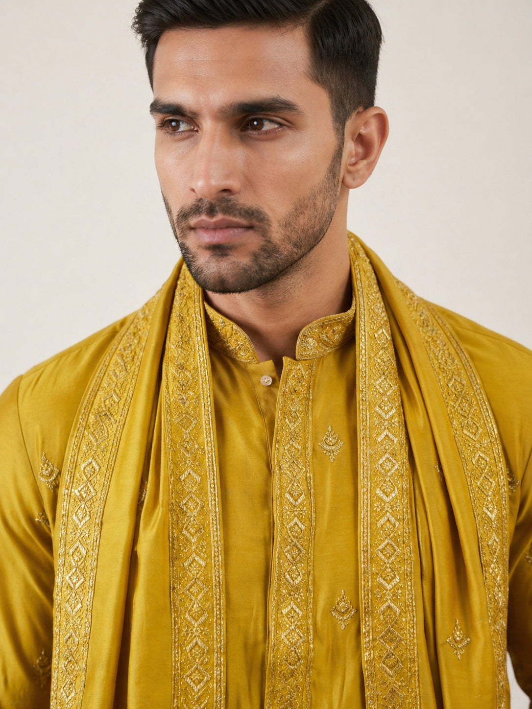 Silk Blend Embroidered Kurta Pyjama with Dupatta ( JOKP P D 5088Mustard )