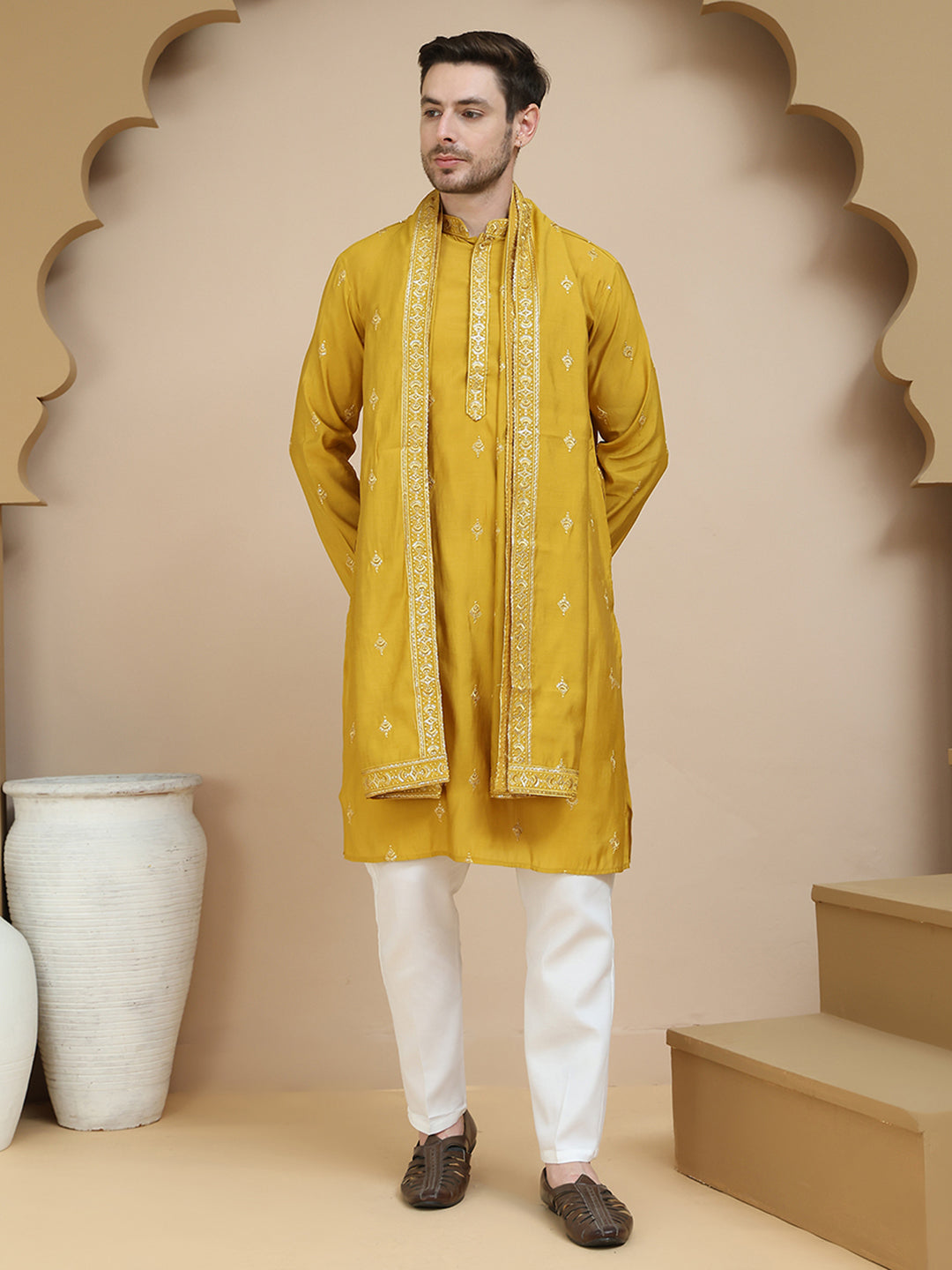 Embroidered & Sequin Kurta With Dupatta ( KOD 5088 mustard )
