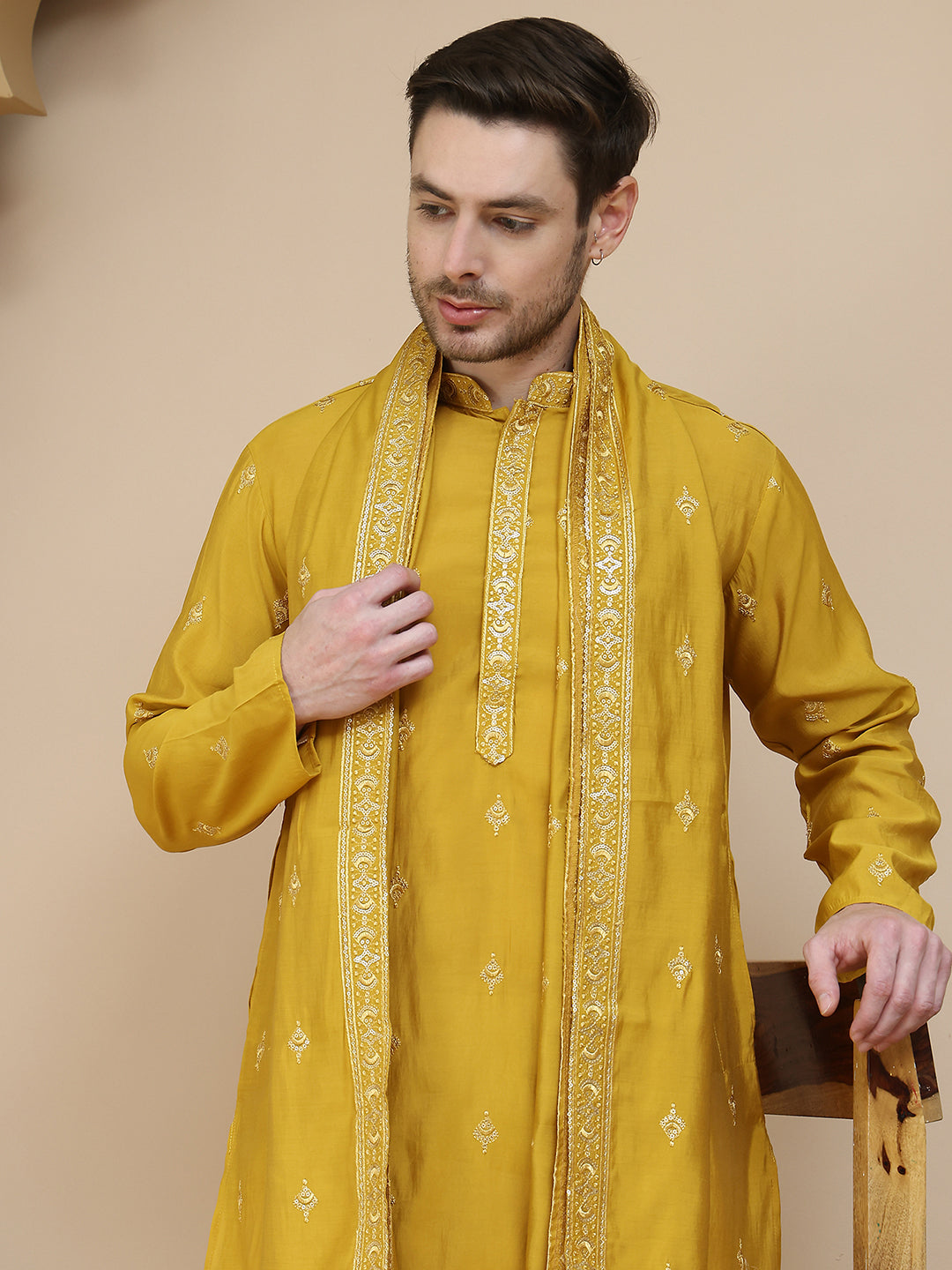Embroidered & Sequin Kurta Pyjama With Dupatta ( JOKP D 5088 Mustard )
