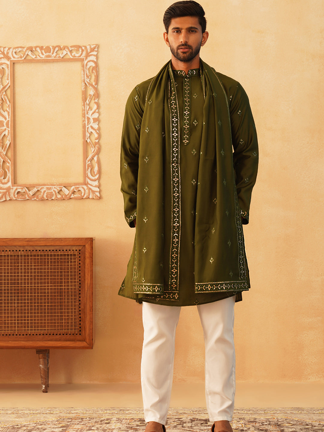 Embroidered Kurta with Dupatta Set for Men ( KOD 5088 olive )