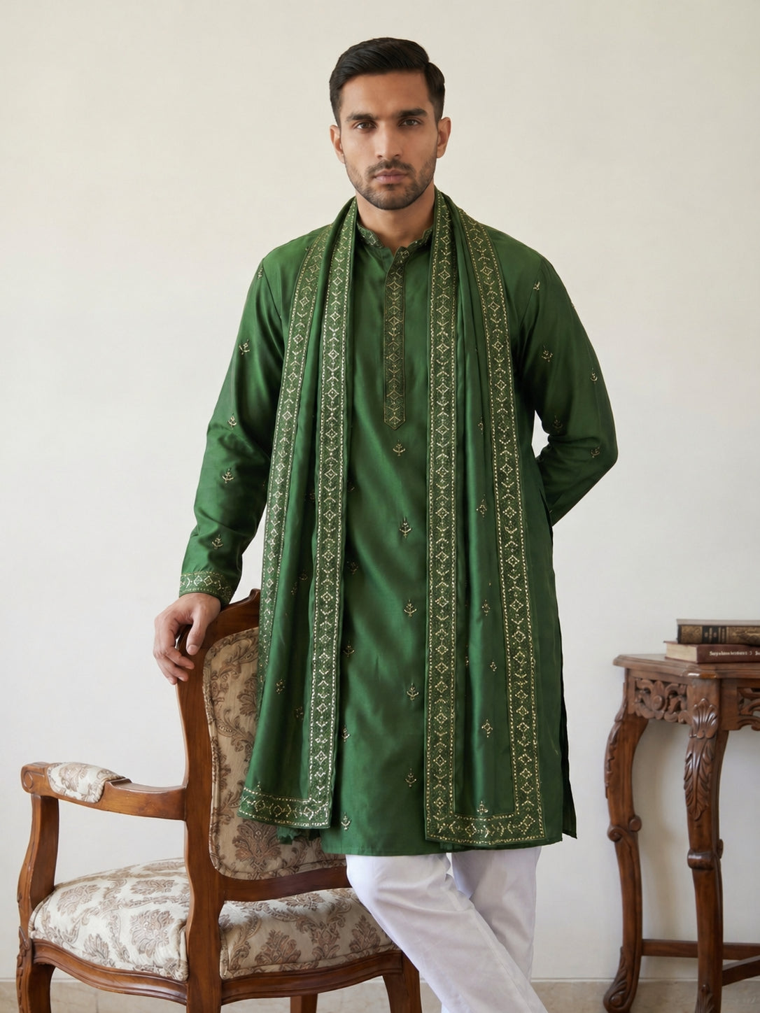 Silk Blend Embroidered Kurta Pyjama with Dupatta ( JOKP P D 5088Olive )