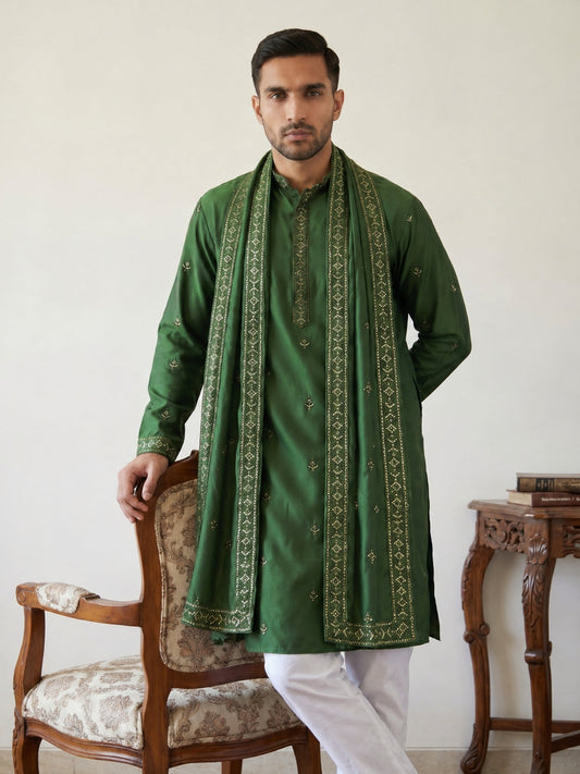 Silk Blend Embroidered Kurta Pyjama with Dupatta ( JOKP P D 5088Olive )
