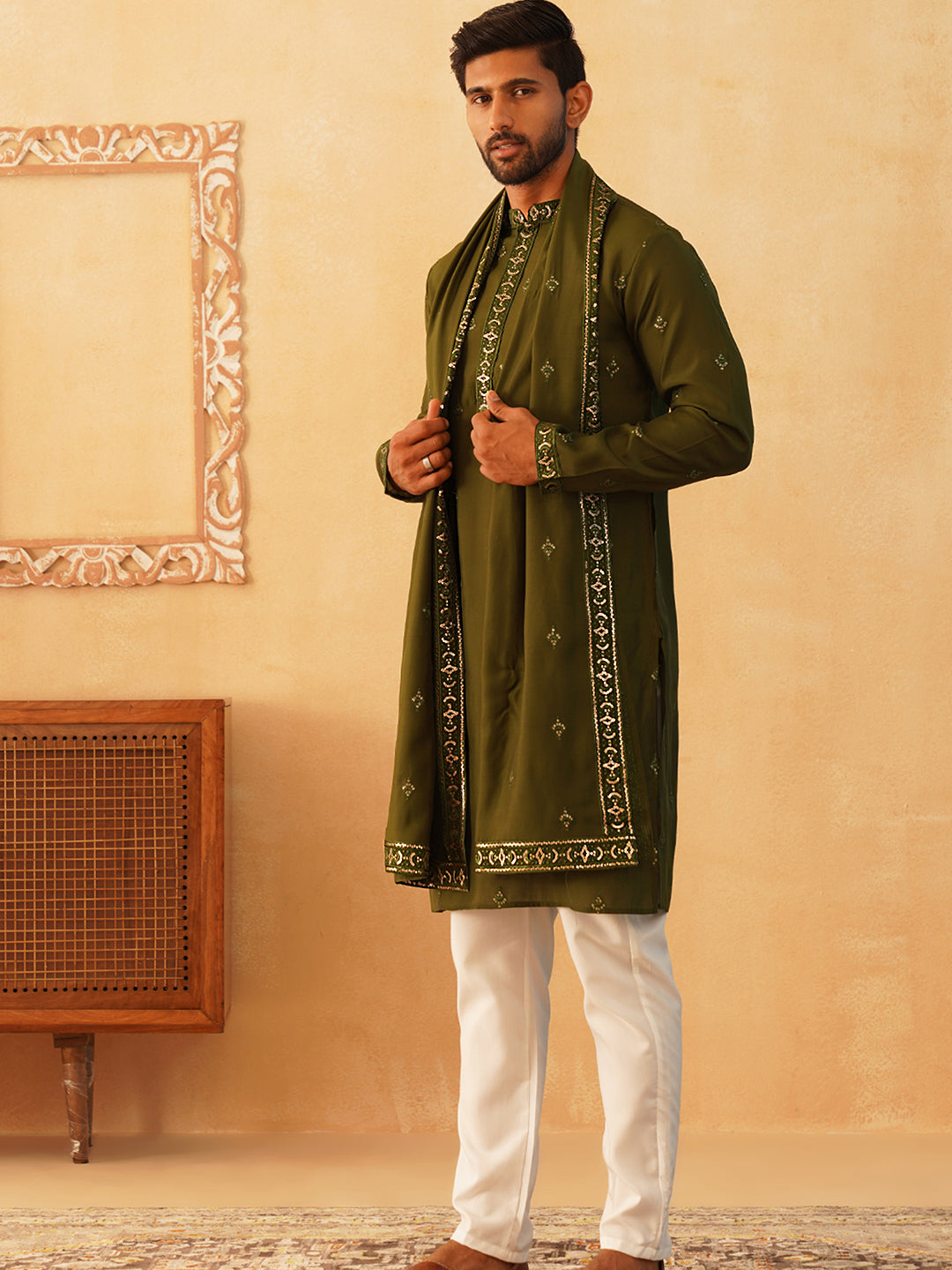 Embroidered Kurta with Dupatta Set for Men ( KOD 5088 olive )