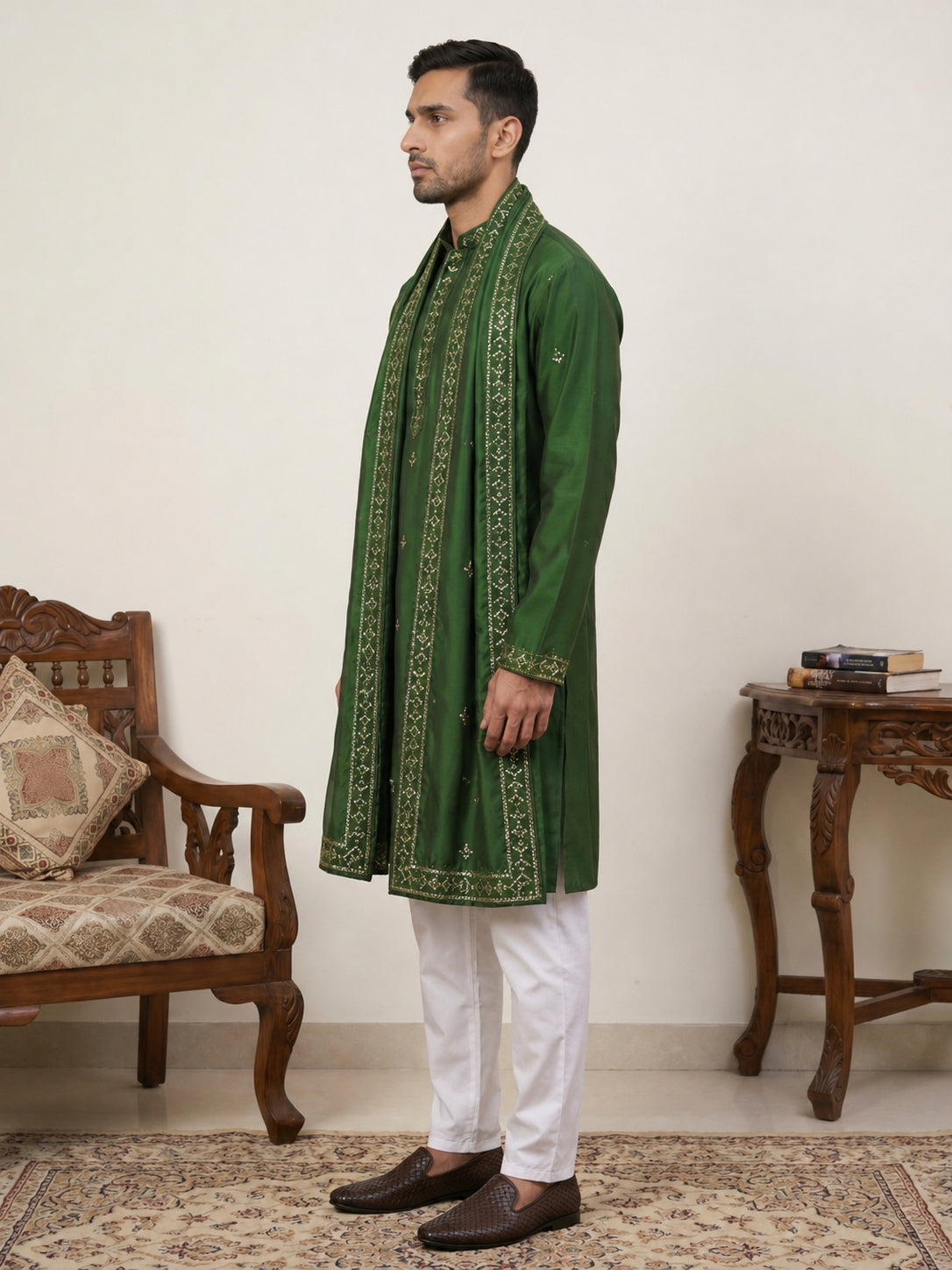 Silk Blend Embroidered Kurta Pyjama with Dupatta ( JOKP P D 5088Olive )