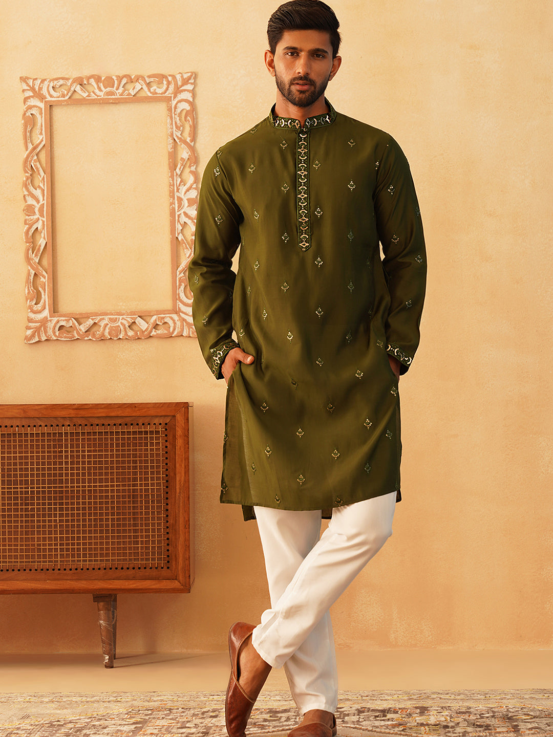 Embroidered Kurta with Dupatta Set for Men ( KOD 5088 olive )