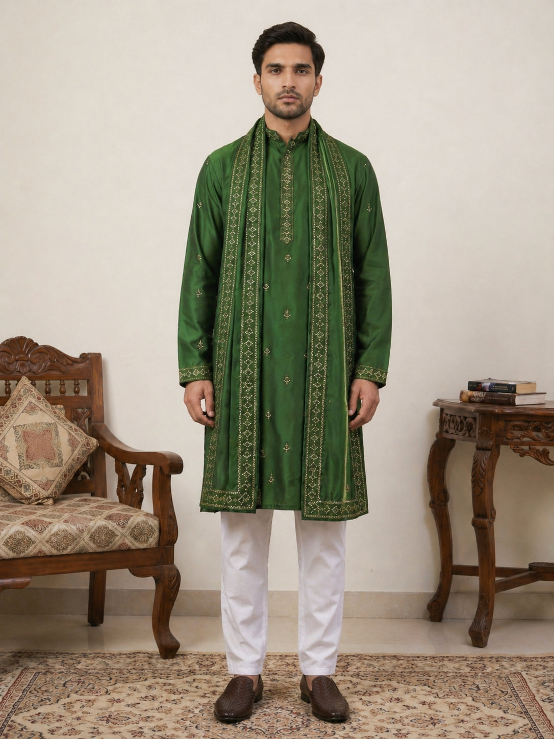 Silk Blend Embroidered Kurta Pyjama with Dupatta ( JOKP P D 5088Olive )